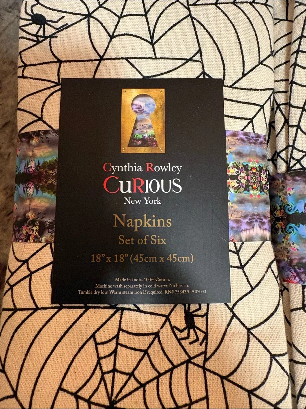 NWT Cynthia Rowley Curious Halloween Cloth Napkins Set of 6 Black Spider Web